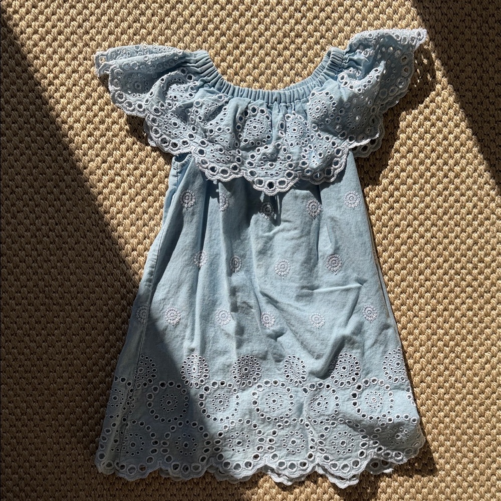 Girls Blue Eyelet Off-Shoulder Dress
